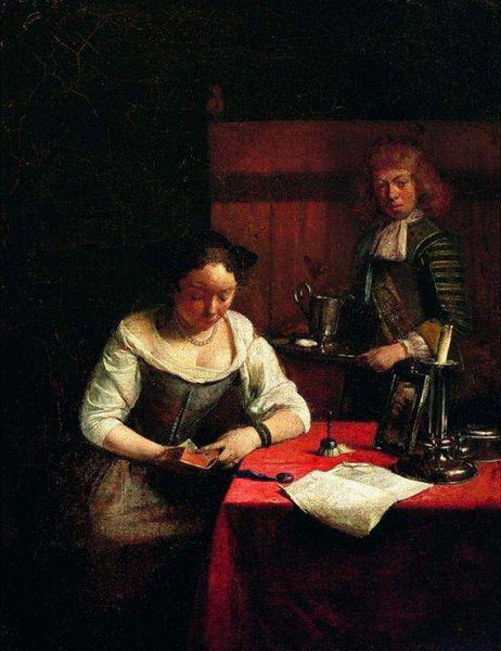 Gerard ter Borch the Younger Woman reading and a young man holding a tray. oil painting picture